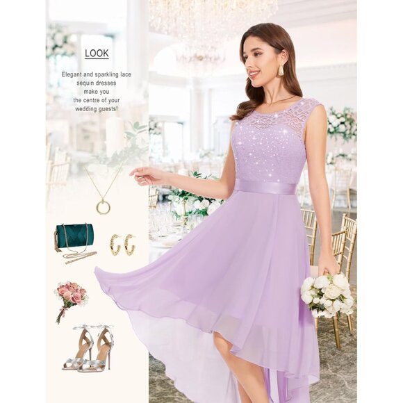 BeryLove Women Lavender Sequin Chiffon Scoop Neck Sleeveless Lace Cocktail Dress - Picture 3 of 6